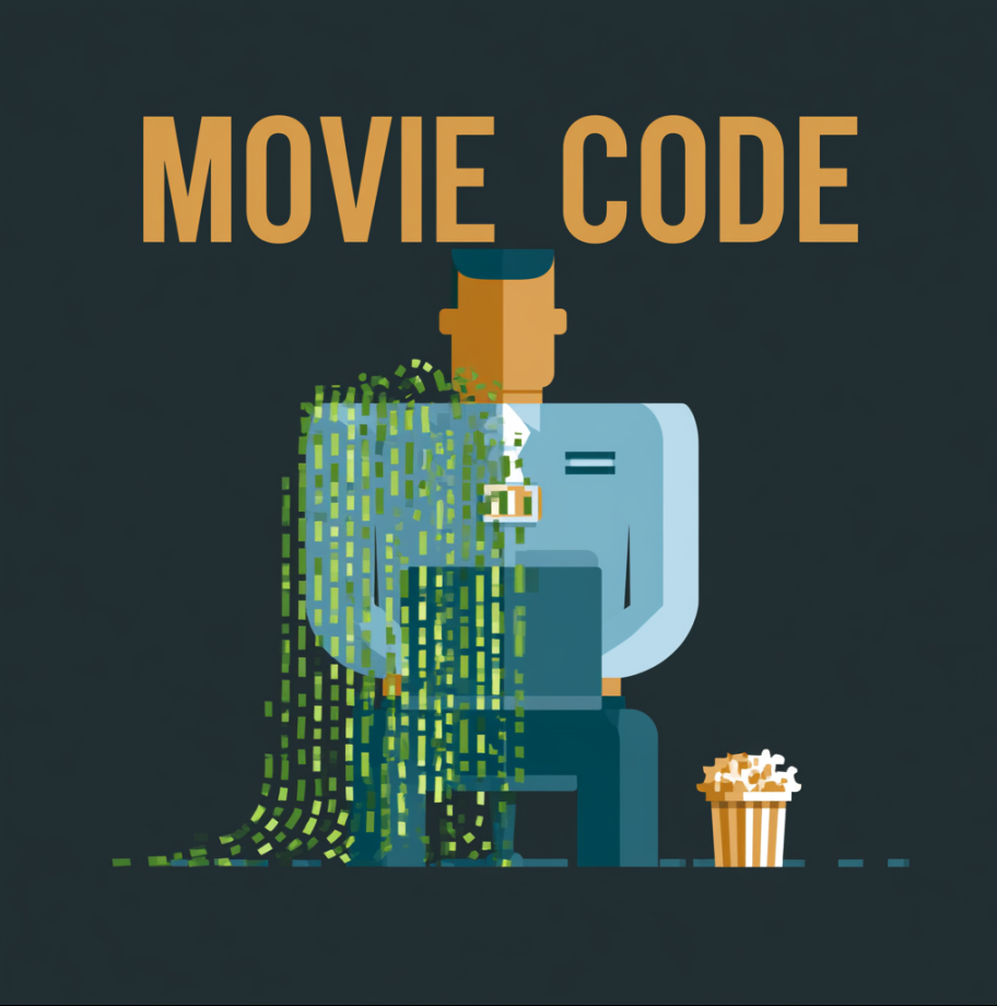 A friendly office worker at a keyboard surrounded by cinematic green hacker code