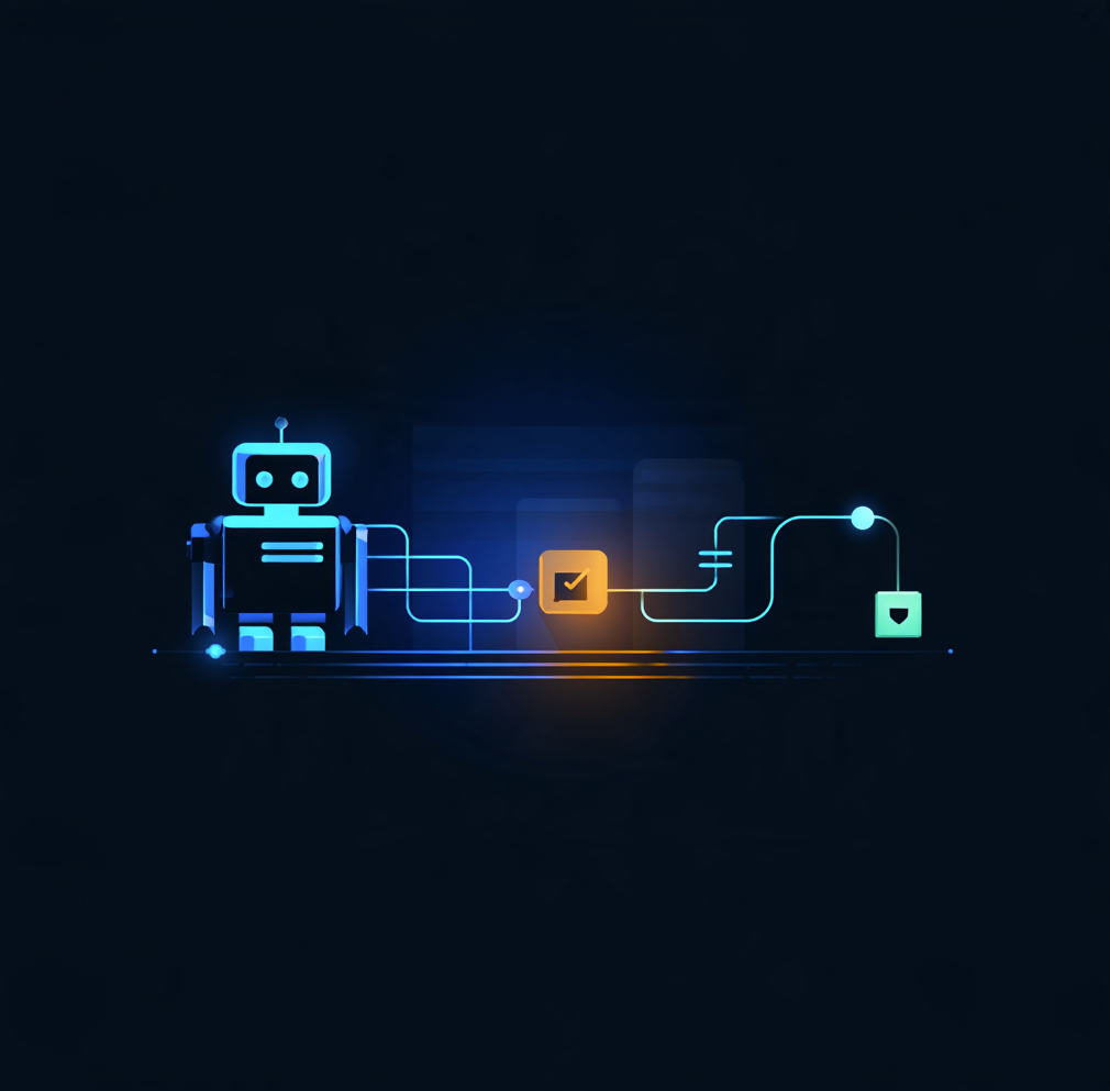 An AI agent connected to an approval checkpoint and a protected workflow